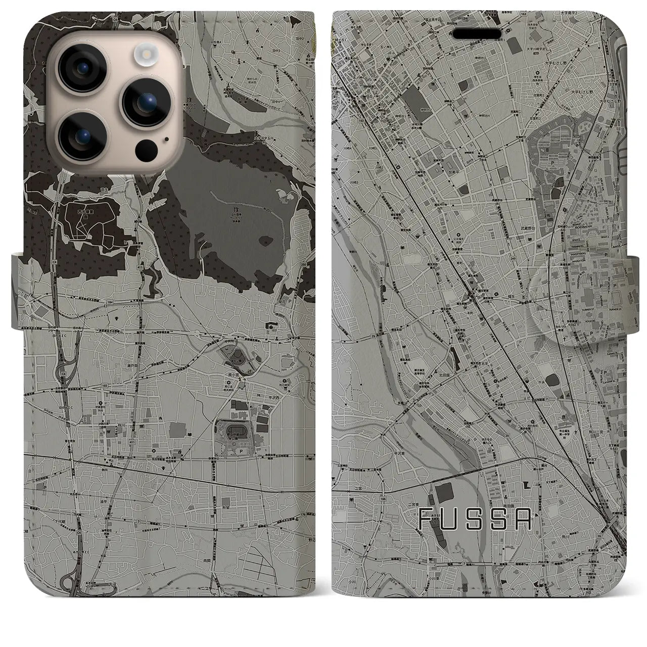 【福生(東京都)】地図柄iPhoneケース(手帳タイプ)モノトーン・iPhone 16 Plus 用