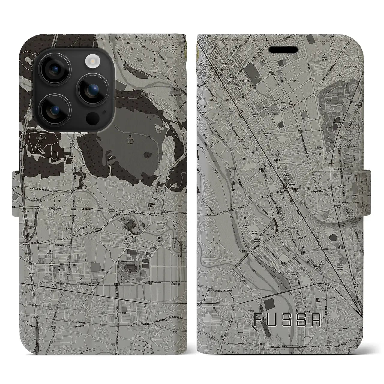 【福生(東京都)】地図柄iPhoneケース(手帳タイプ)モノトーン・iPhone 16 用