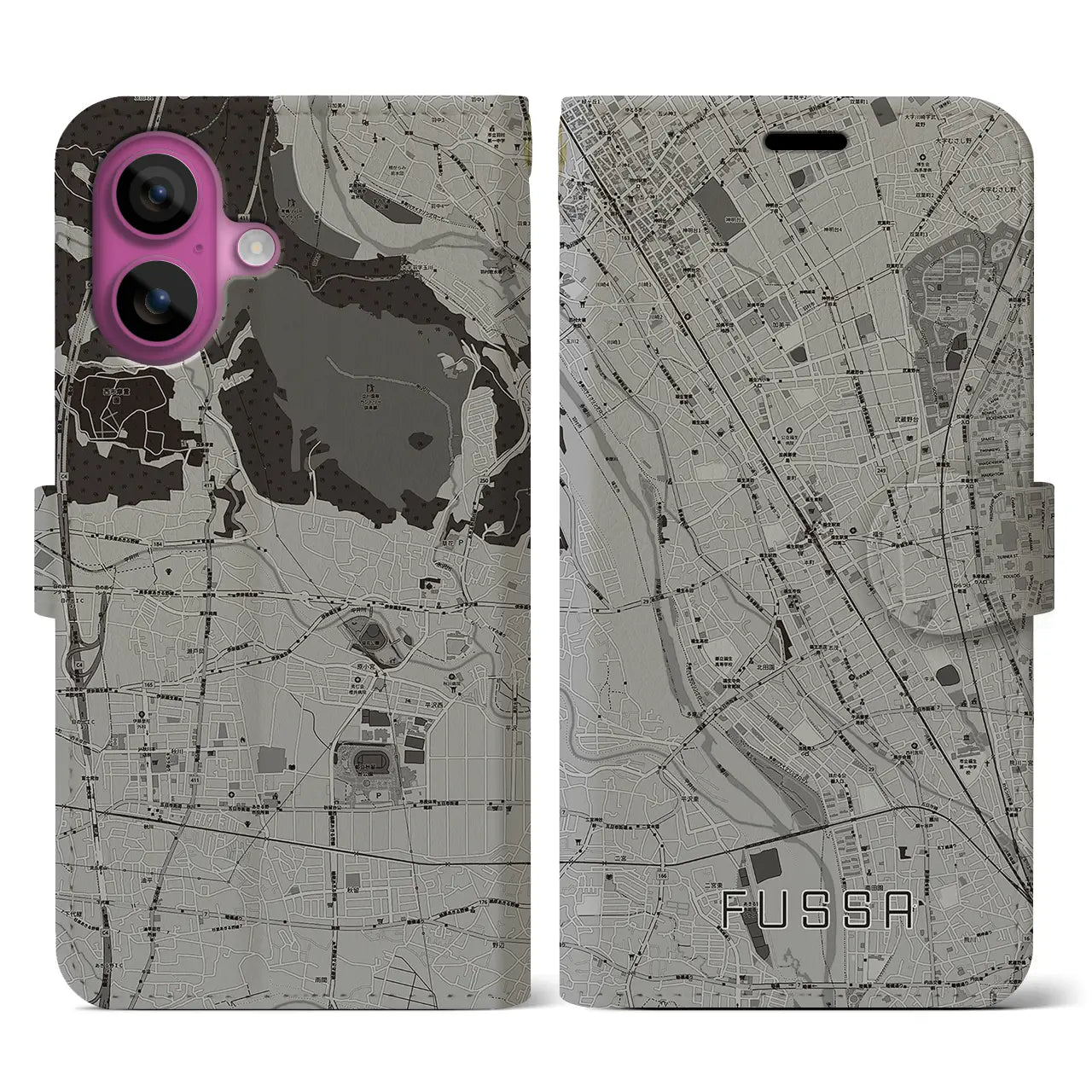 【福生(東京都)】地図柄iPhoneケース(手帳タイプ)モノトーン・iPhone 16 Pro 用