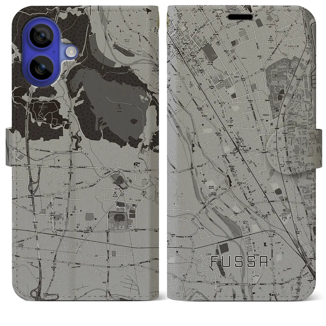 【福生(東京都)】地図柄iPhoneケース(手帳タイプ)モノトーン・iPhone 16 Pro Max 用