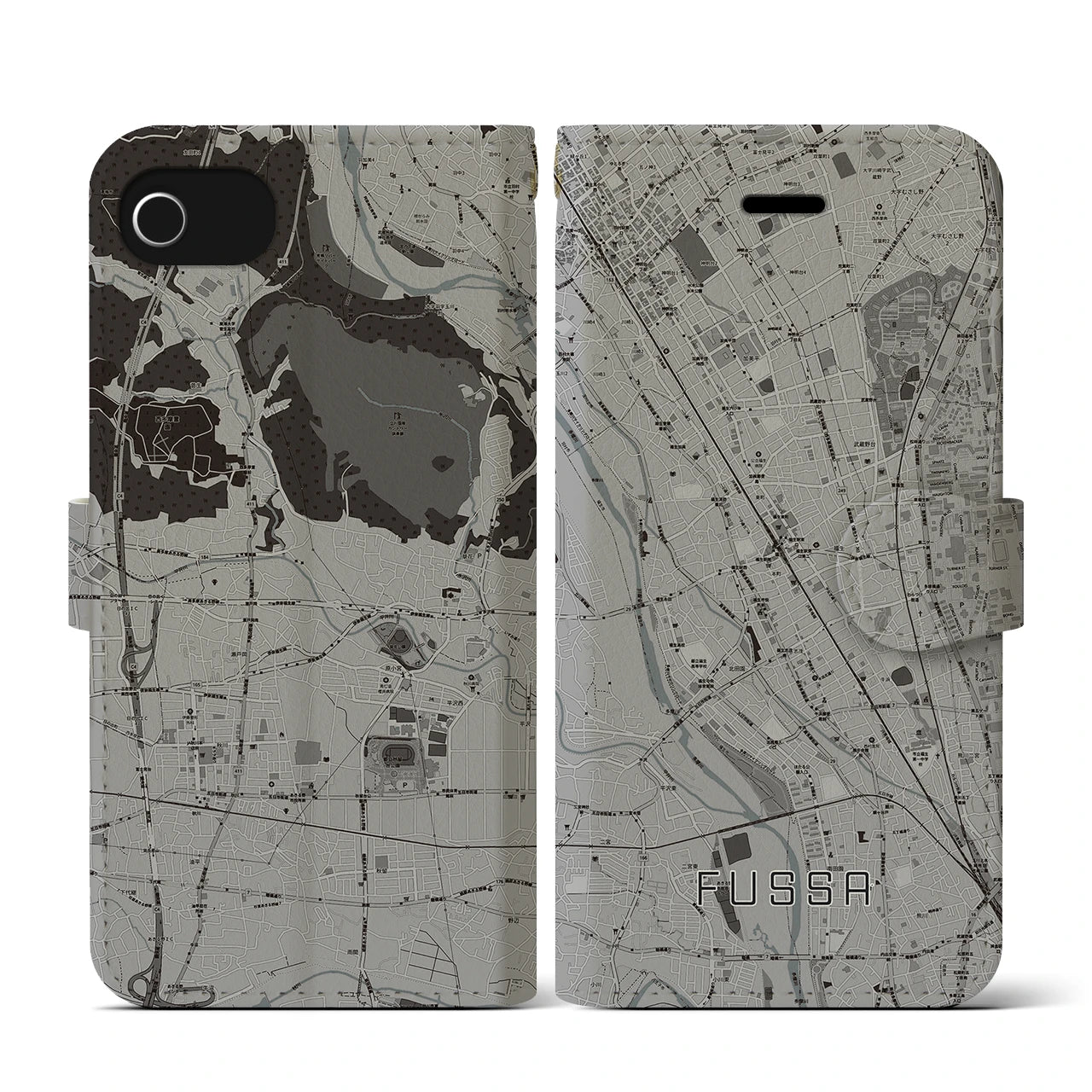 【福生(東京都)】地図柄iPhoneケース(手帳タイプ)モノトーン・iPhone SE(第3 / 第2世代) / 8 / 7 / 6s / 6 用