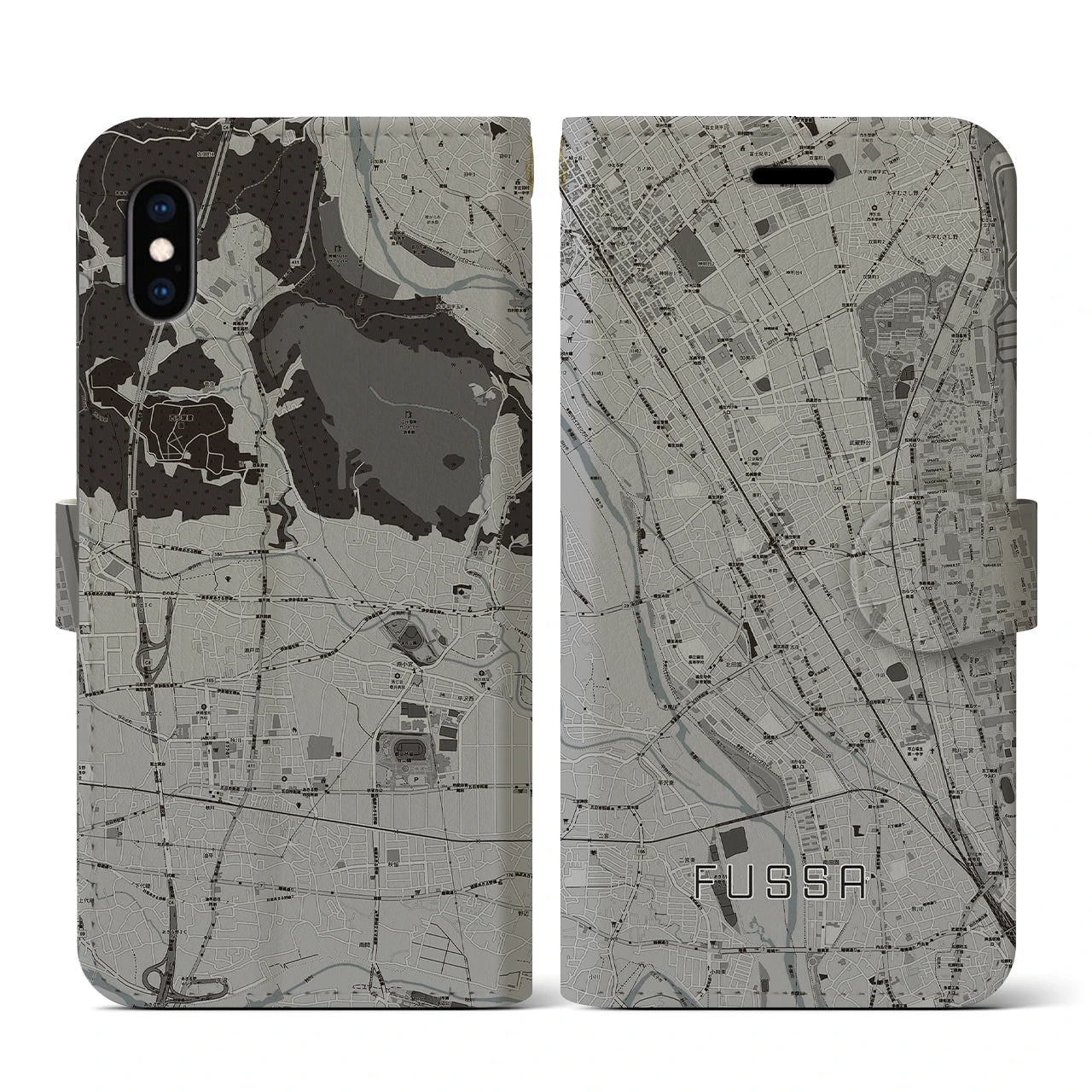【福生(東京都)】地図柄iPhoneケース(手帳タイプ)モノトーン・iPhone XS / X 用