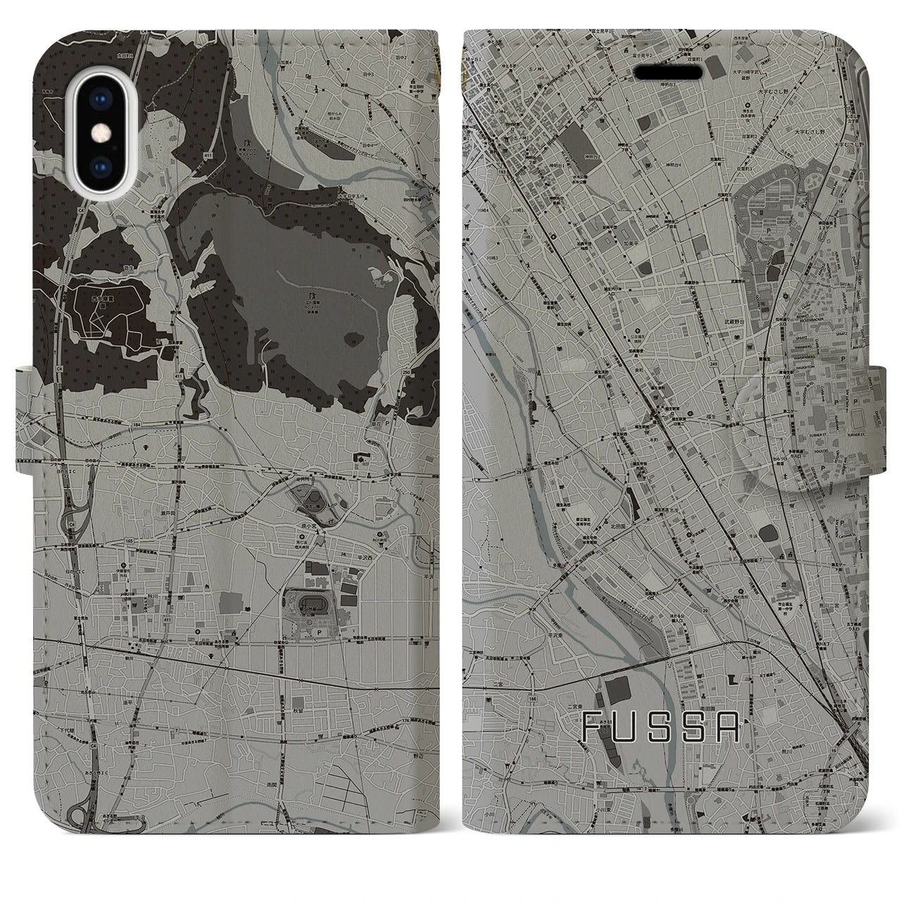 【福生(東京都)】地図柄iPhoneケース(手帳タイプ)モノトーン・iPhone XS Max 用
