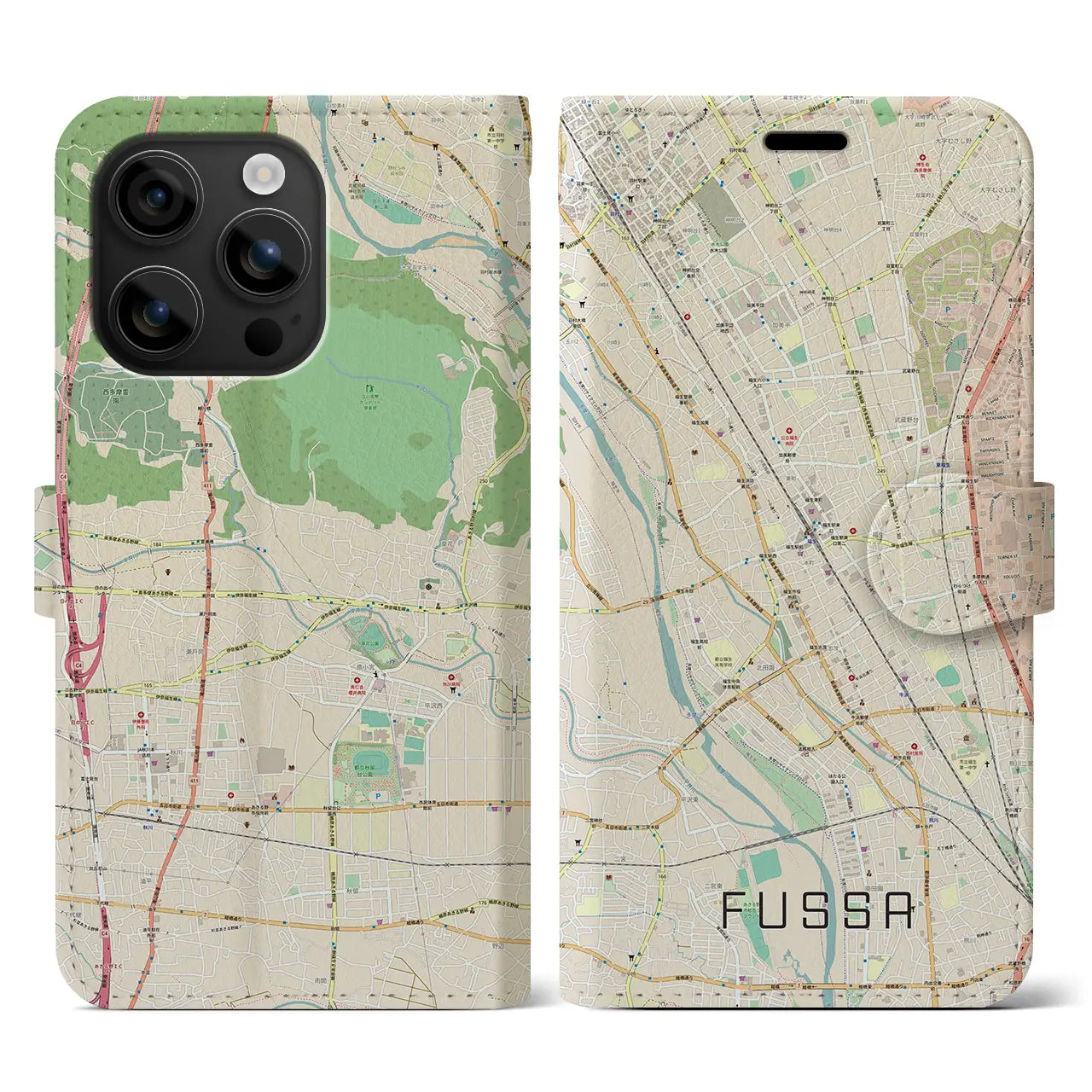【福生(東京都)】地図柄iPhoneケース(手帳タイプ)ナチュラル・iPhone 16 用