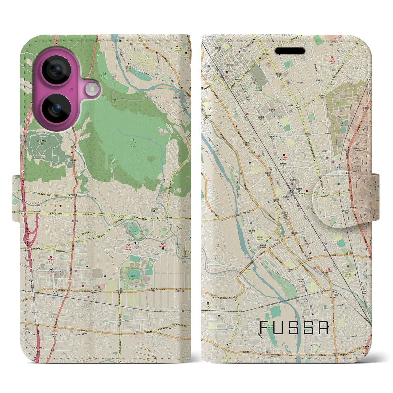 【福生(東京都)】地図柄iPhoneケース(手帳タイプ)ナチュラル・iPhone 16 Pro 用