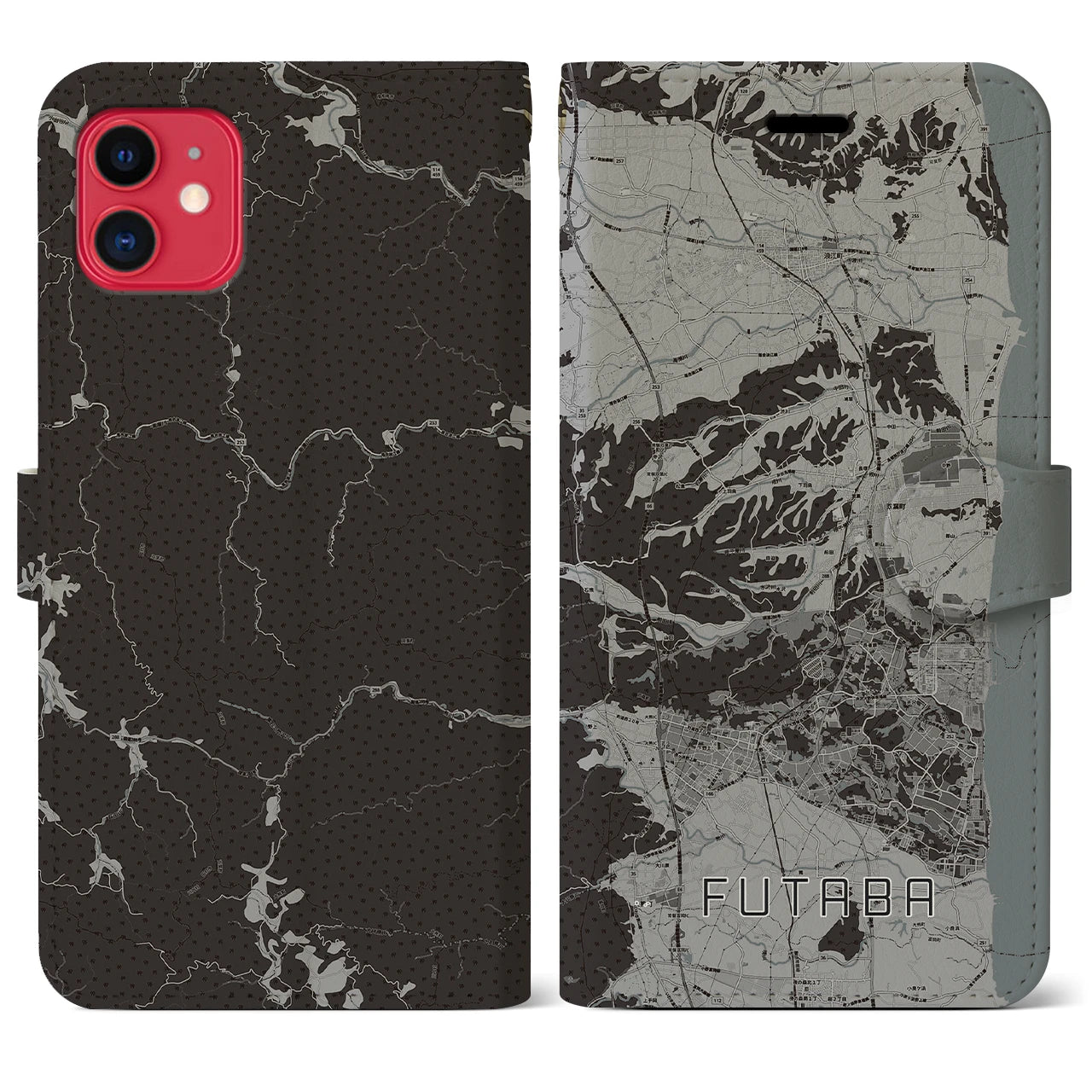 【双葉(福島県)】地図柄iPhoneケース(手帳タイプ)モノトーン・iPhone 11 用