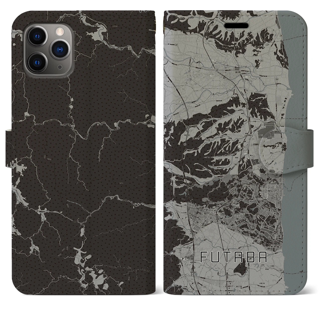 【双葉(福島県)】地図柄iPhoneケース(手帳タイプ)モノトーン・iPhone 11 Pro Max 用