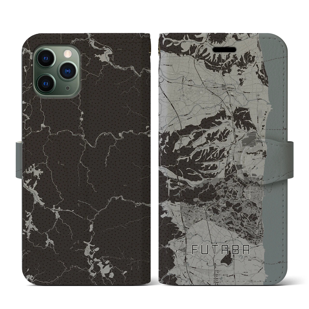 【双葉(福島県)】地図柄iPhoneケース(手帳タイプ)モノトーン・iPhone 11 Pro 用