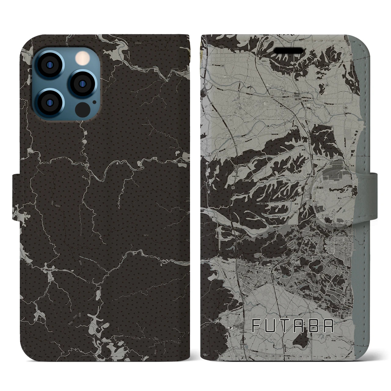 【双葉(福島県)】地図柄iPhoneケース(手帳タイプ)モノトーン・iPhone 12 / 12 Pro 用