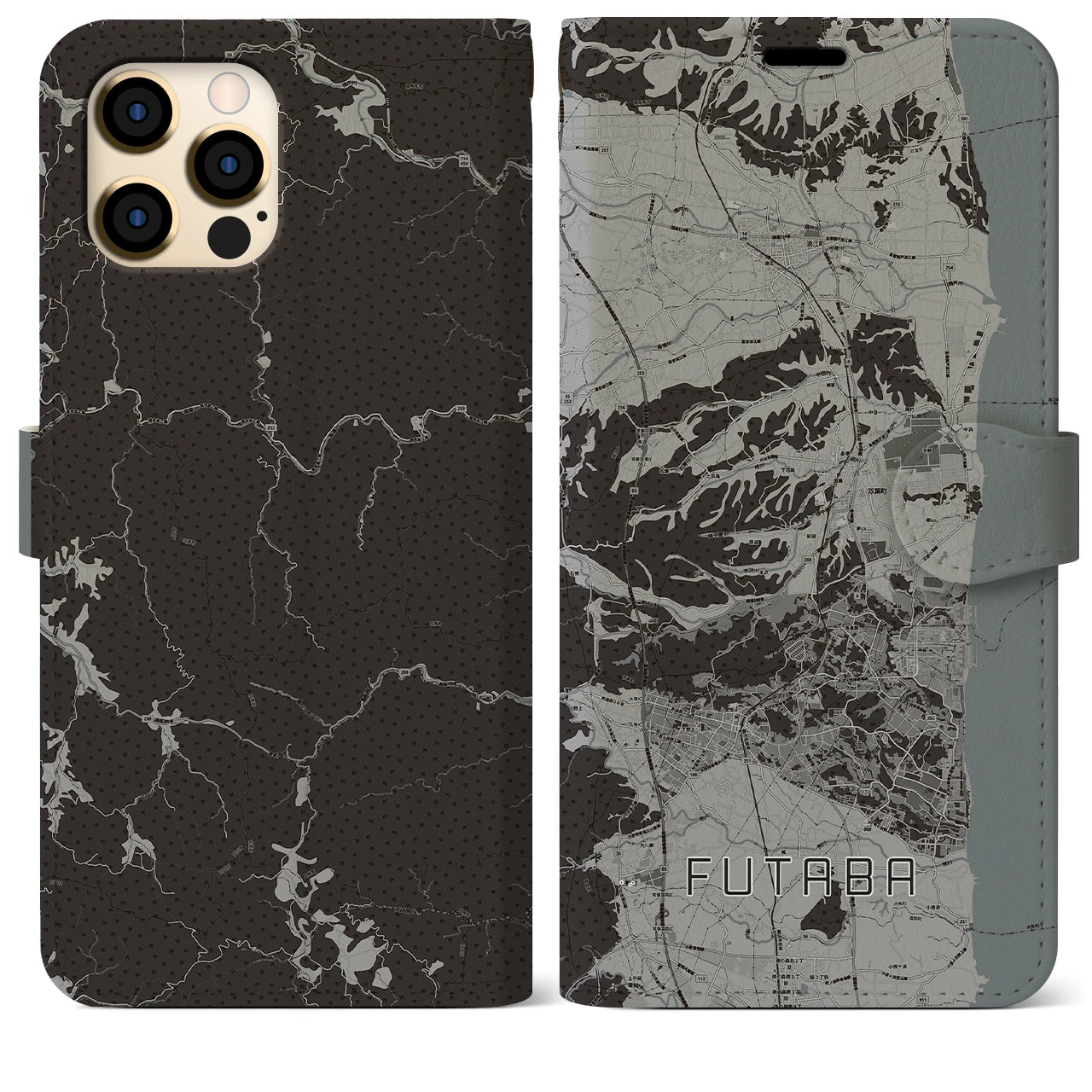 【双葉(福島県)】地図柄iPhoneケース(手帳タイプ)モノトーン・iPhone 12 Pro Max 用
