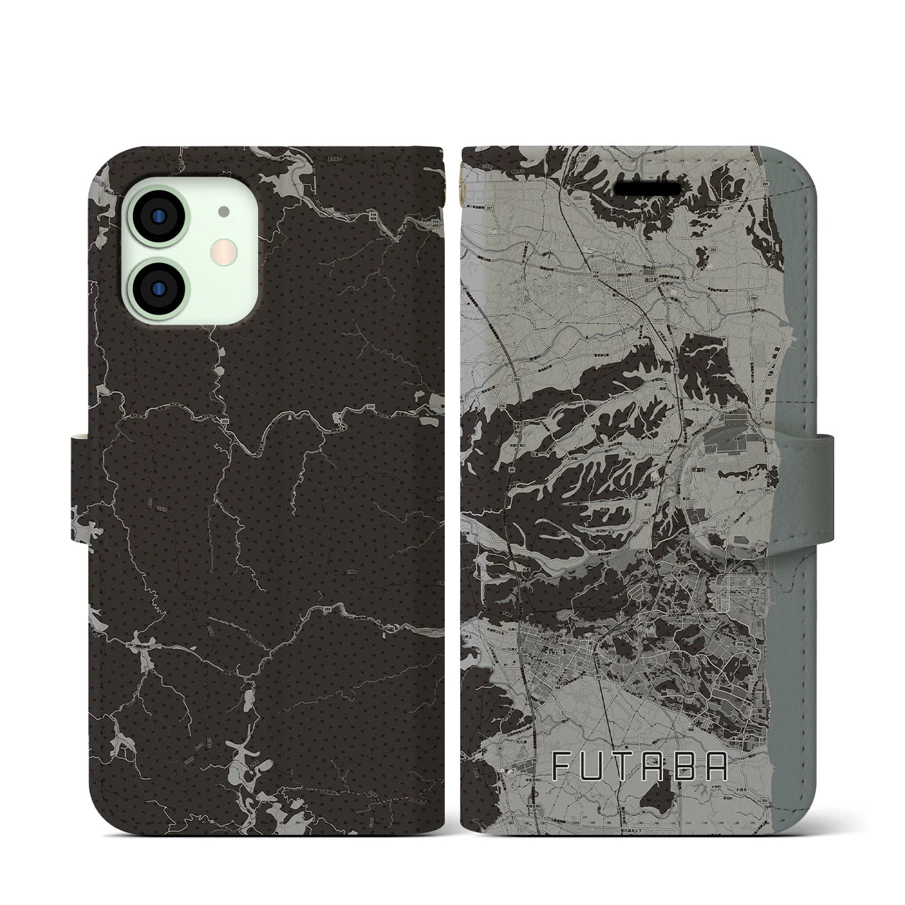 【双葉(福島県)】地図柄iPhoneケース(手帳タイプ)モノトーン・iPhone 12 mini 用