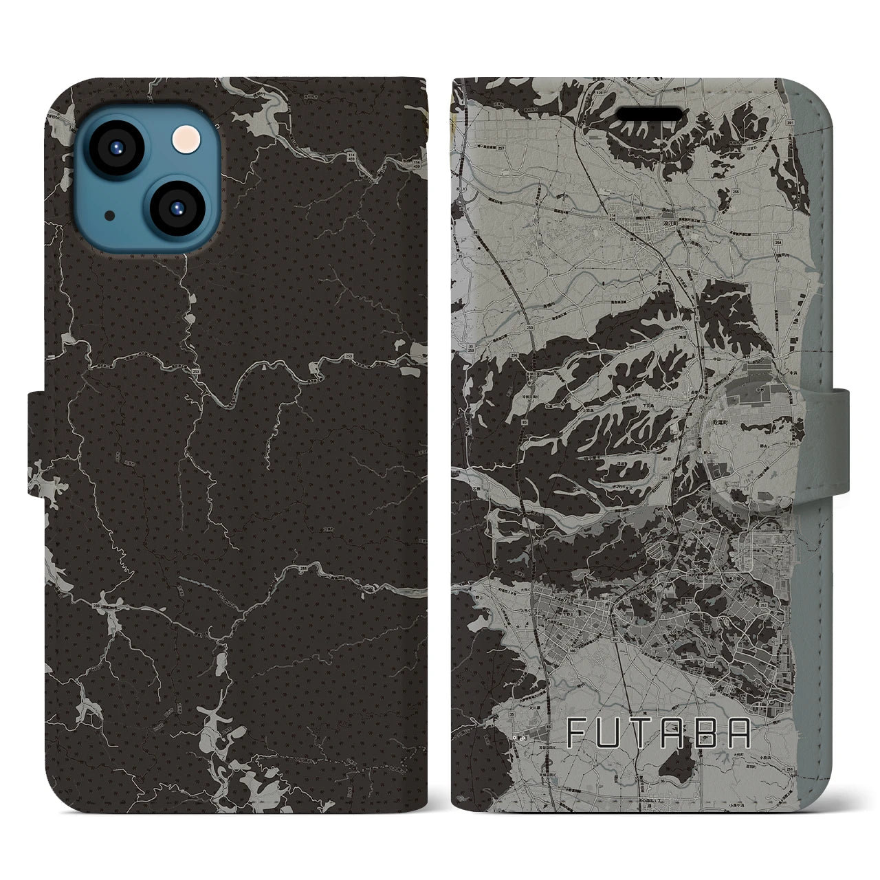 【双葉(福島県)】地図柄iPhoneケース(手帳タイプ)モノトーン・iPhone 13 用
