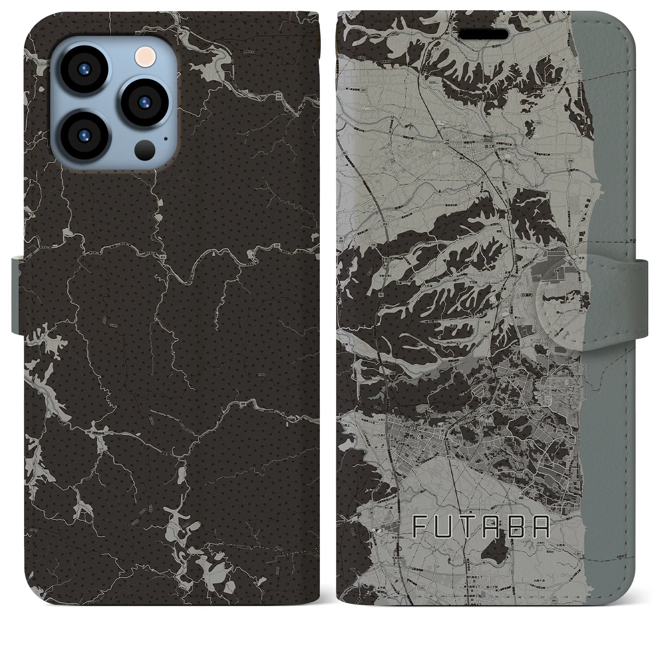 【双葉(福島県)】地図柄iPhoneケース(手帳タイプ)モノトーン・iPhone 13 Pro Max 用