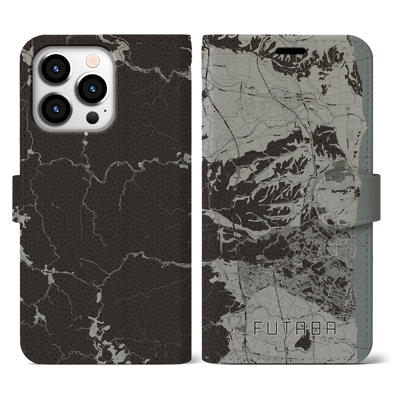 【双葉(福島県)】地図柄iPhoneケース(手帳タイプ)モノトーン・iPhone 13 Pro 用
