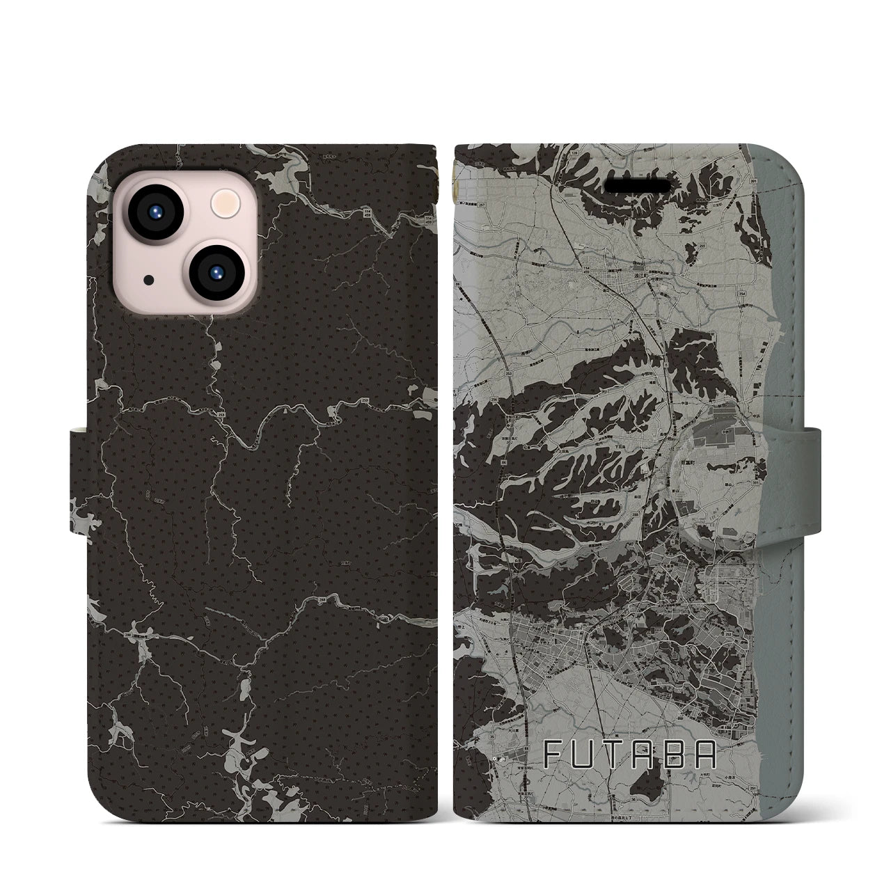 【双葉(福島県)】地図柄iPhoneケース(手帳タイプ)モノトーン・iPhone 13 mini 用