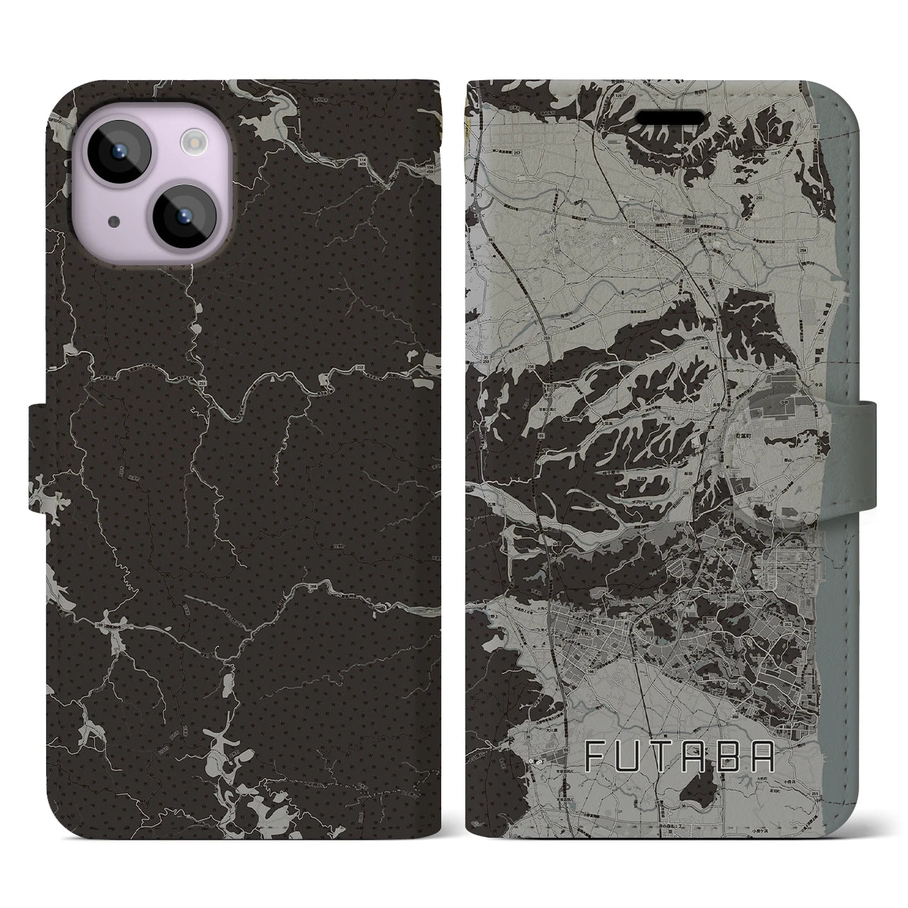 【双葉(福島県)】地図柄iPhoneケース(手帳タイプ)モノトーン・iPhone 14 用