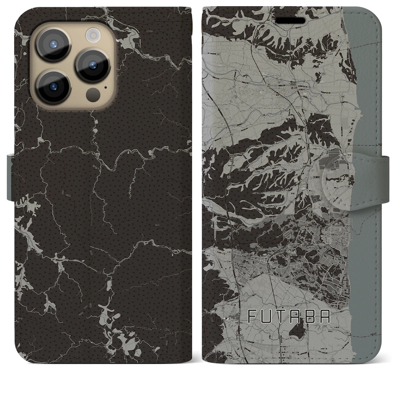 【双葉(福島県)】地図柄iPhoneケース(手帳タイプ)モノトーン・iPhone 14 Pro Max 用