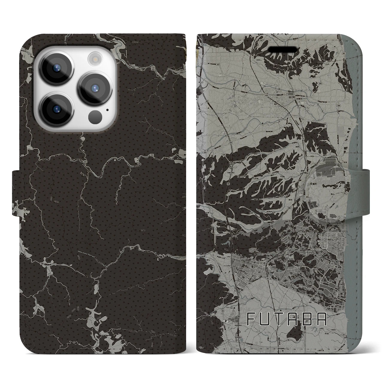 【双葉(福島県)】地図柄iPhoneケース(手帳タイプ)モノトーン・iPhone 14 Pro 用