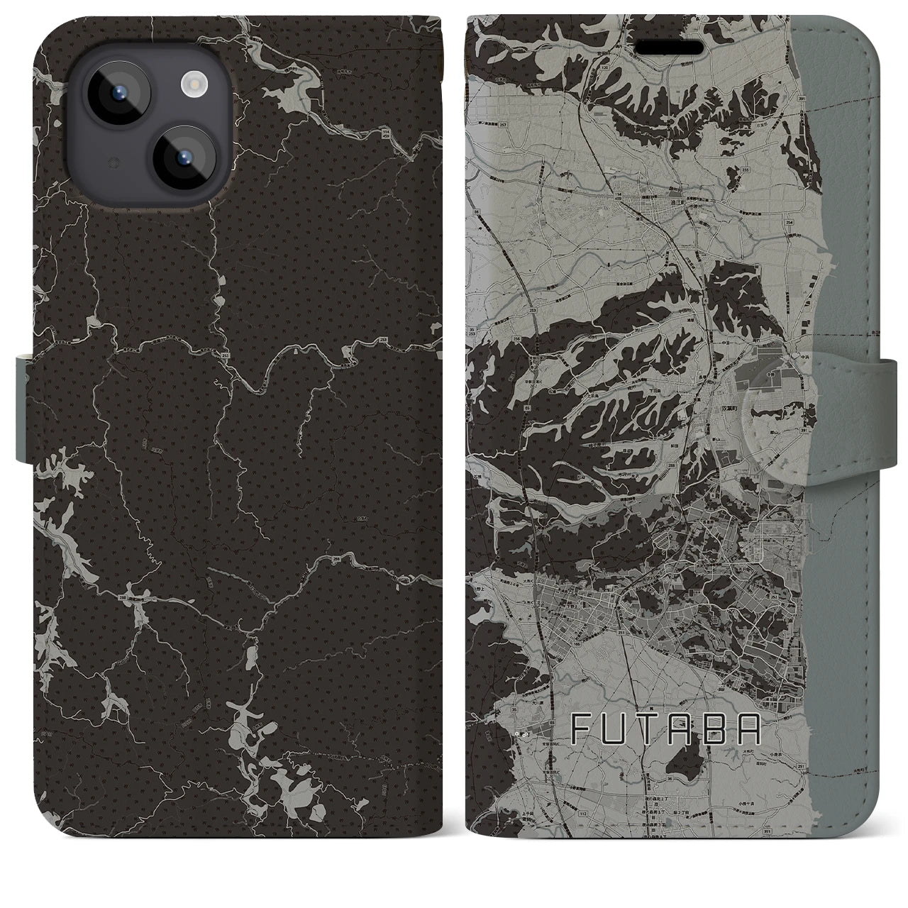 【双葉(福島県)】地図柄iPhoneケース(手帳タイプ)モノトーン・iPhone 14 Plus 用
