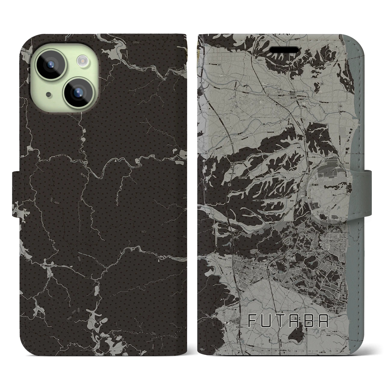 【双葉(福島県)】地図柄iPhoneケース(手帳タイプ)モノトーン・iPhone 15 用