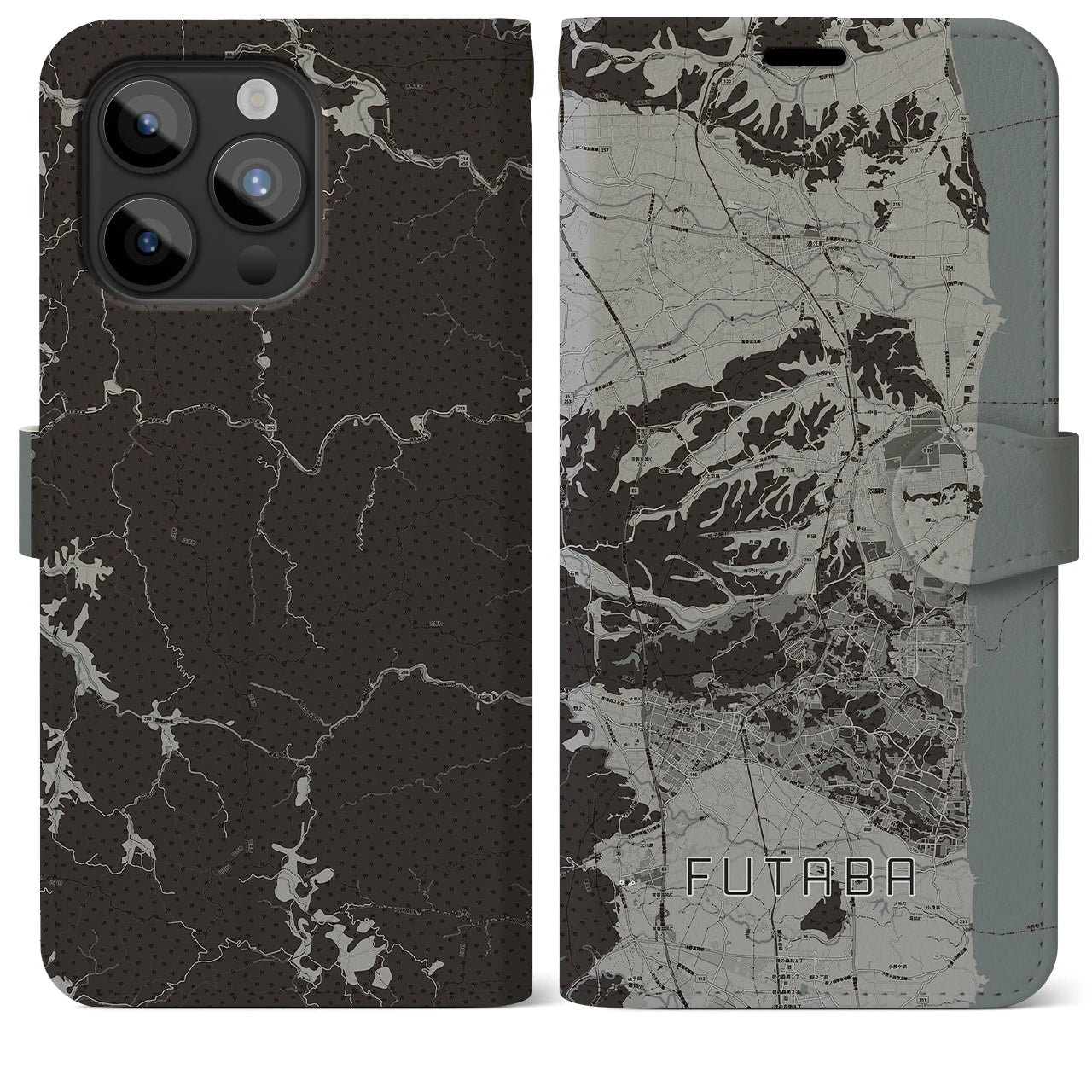 【双葉(福島県)】地図柄iPhoneケース(手帳タイプ)モノトーン・iPhone 15 Pro Max 用
