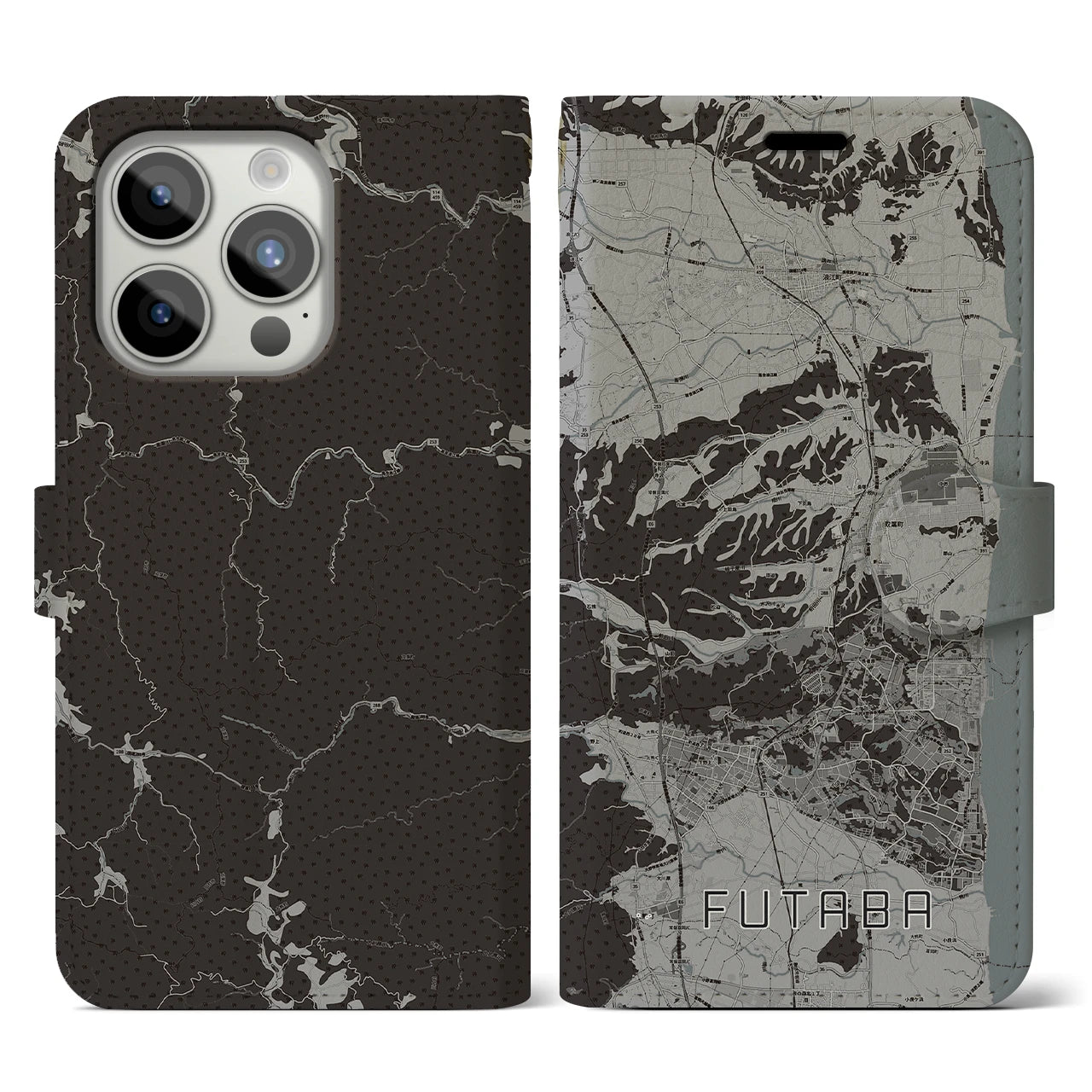 【双葉(福島県)】地図柄iPhoneケース(手帳タイプ)モノトーン・iPhone 15 Pro 用