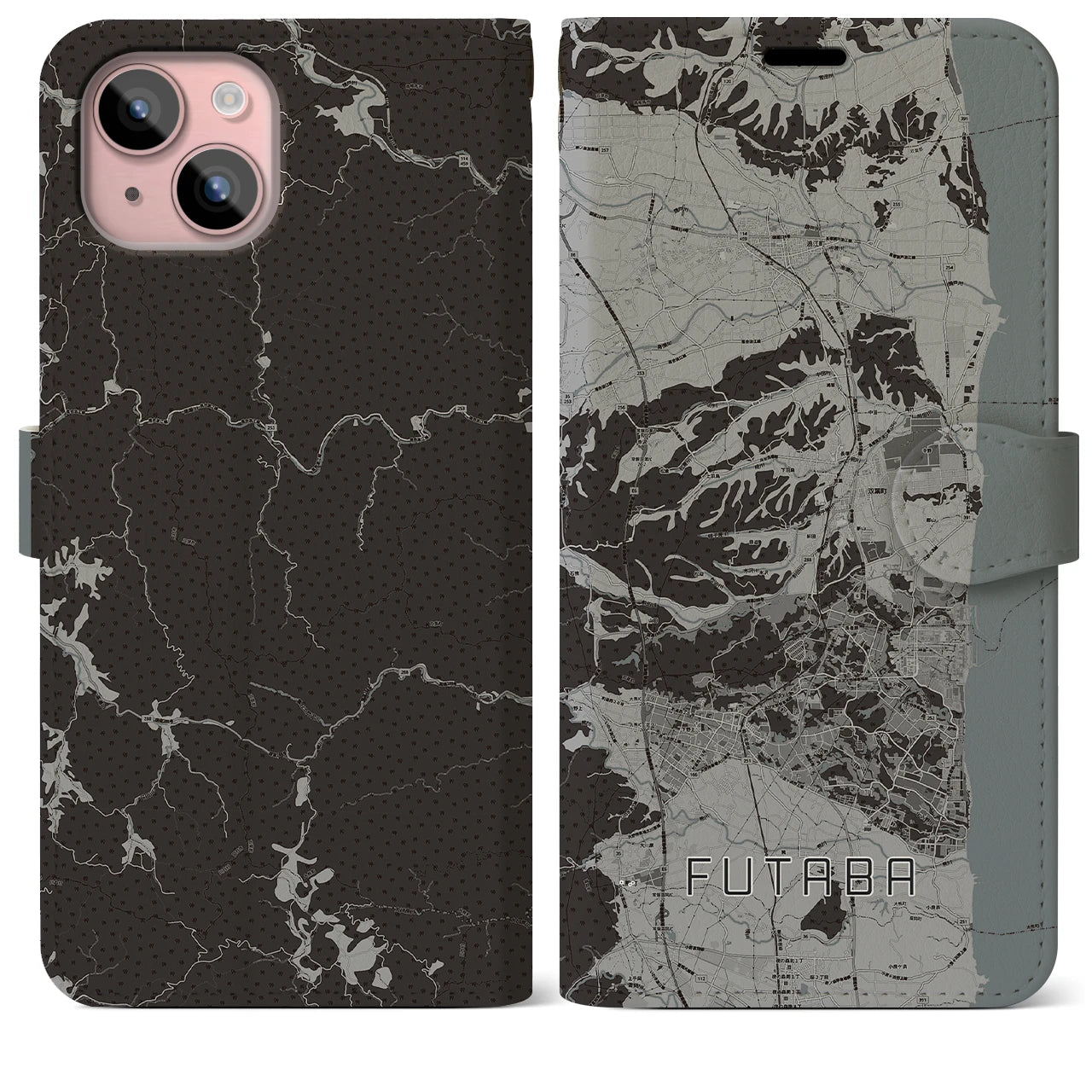 【双葉(福島県)】地図柄iPhoneケース(手帳タイプ)モノトーン・iPhone 15 Plus 用
