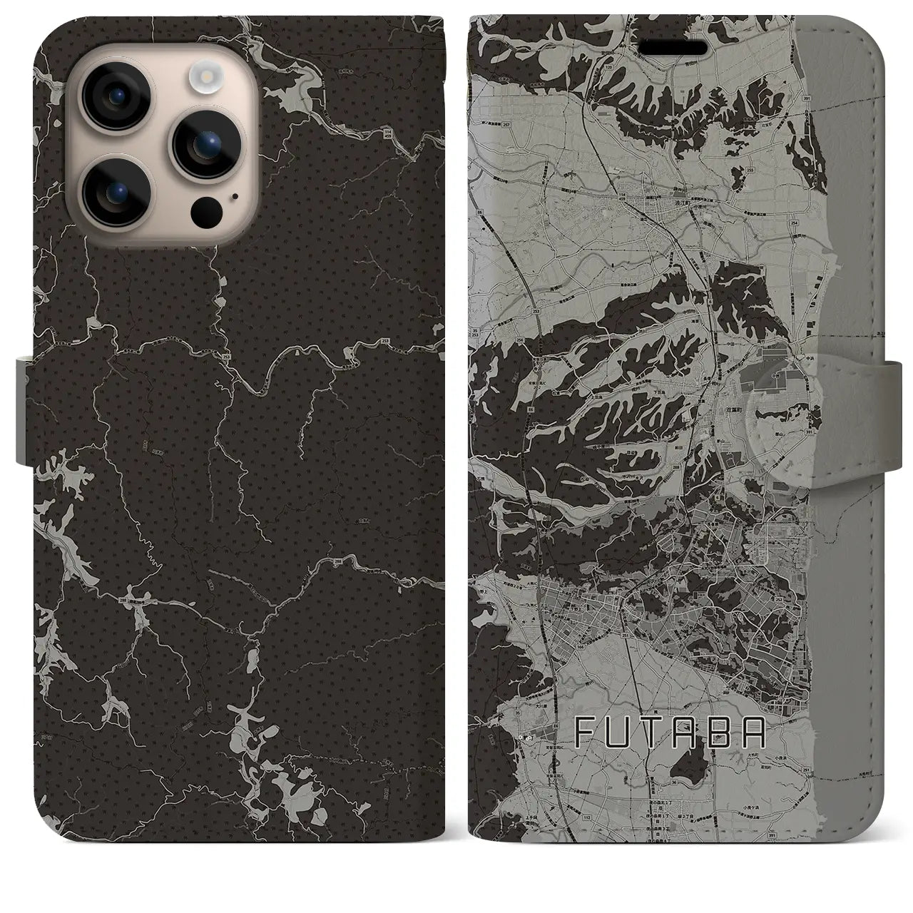 【双葉(福島県)】地図柄iPhoneケース(手帳タイプ)モノトーン・iPhone 16 Plus 用