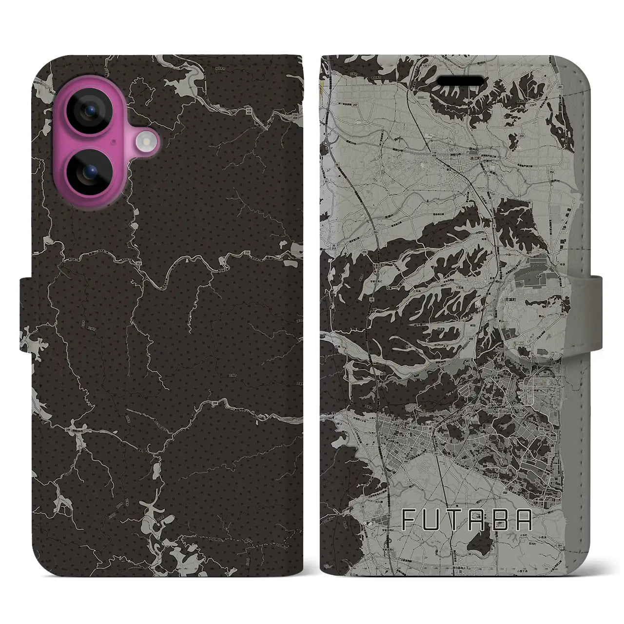 【双葉(福島県)】地図柄iPhoneケース(手帳タイプ)モノトーン・iPhone 16 Pro 用