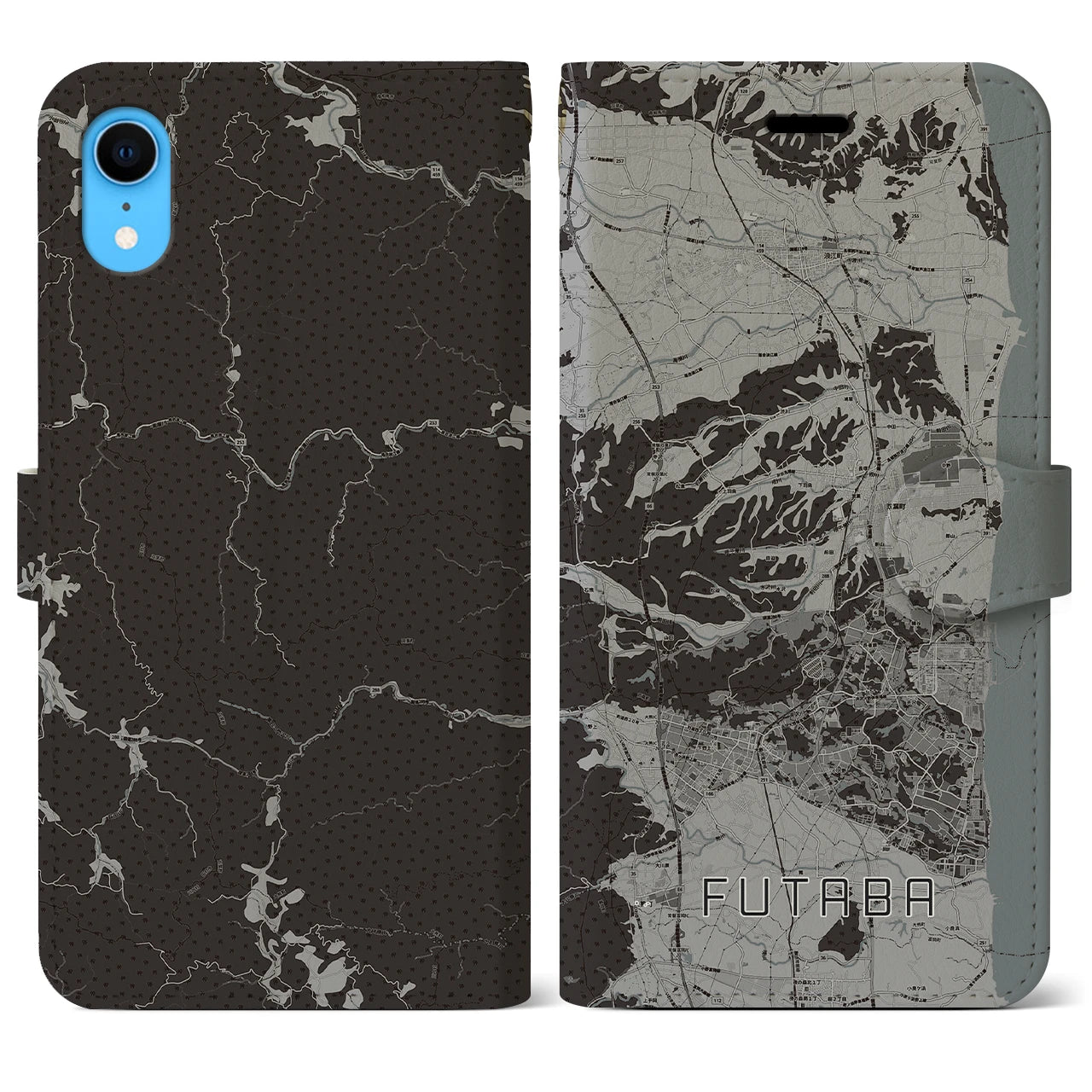 【双葉(福島県)】地図柄iPhoneケース(手帳タイプ)モノトーン・iPhone XR 用
