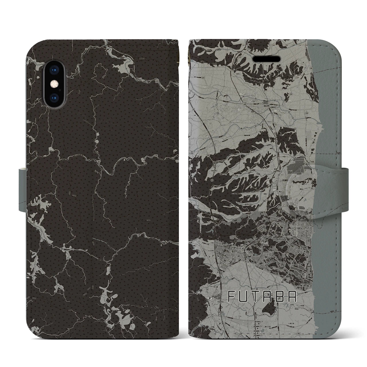 【双葉(福島県)】地図柄iPhoneケース(手帳タイプ)モノトーン・iPhone XS / X 用