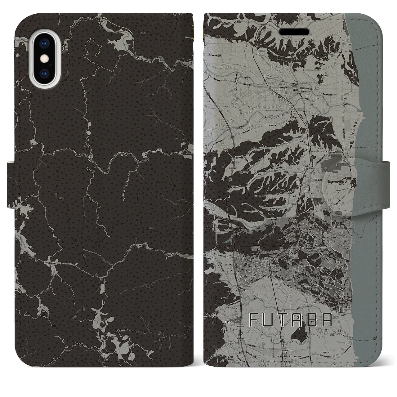 【双葉(福島県)】地図柄iPhoneケース(手帳タイプ)モノトーン・iPhone XS Max 用