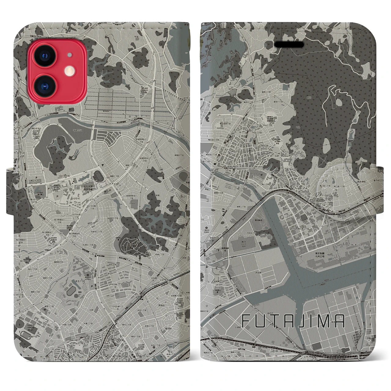 【二島(福岡県)】地図柄iPhoneケース(手帳タイプ)モノトーン・iPhone 11 用