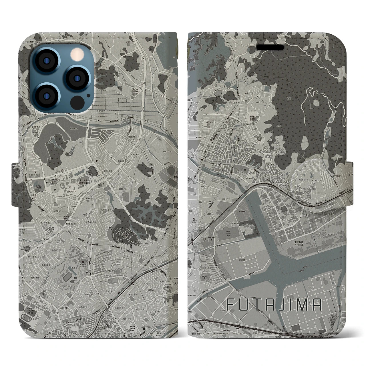 【二島(福岡県)】地図柄iPhoneケース(手帳タイプ)モノトーン・iPhone 12 / 12 Pro 用