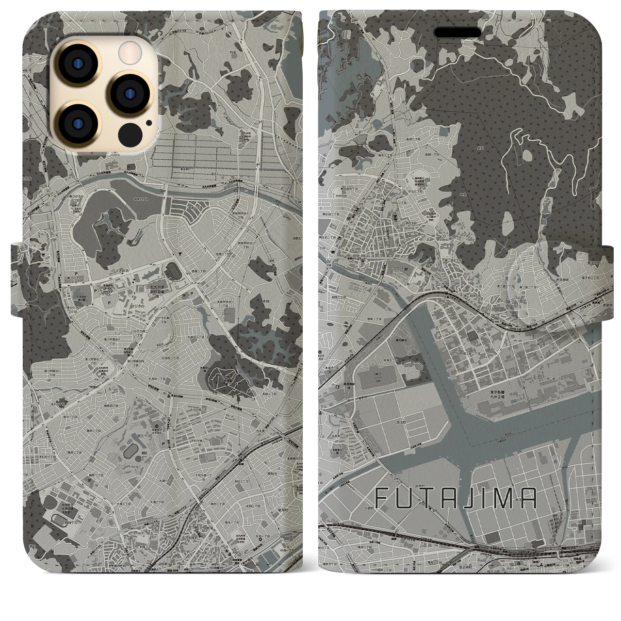 【二島(福岡県)】地図柄iPhoneケース(手帳タイプ)モノトーン・iPhone 12 Pro Max 用