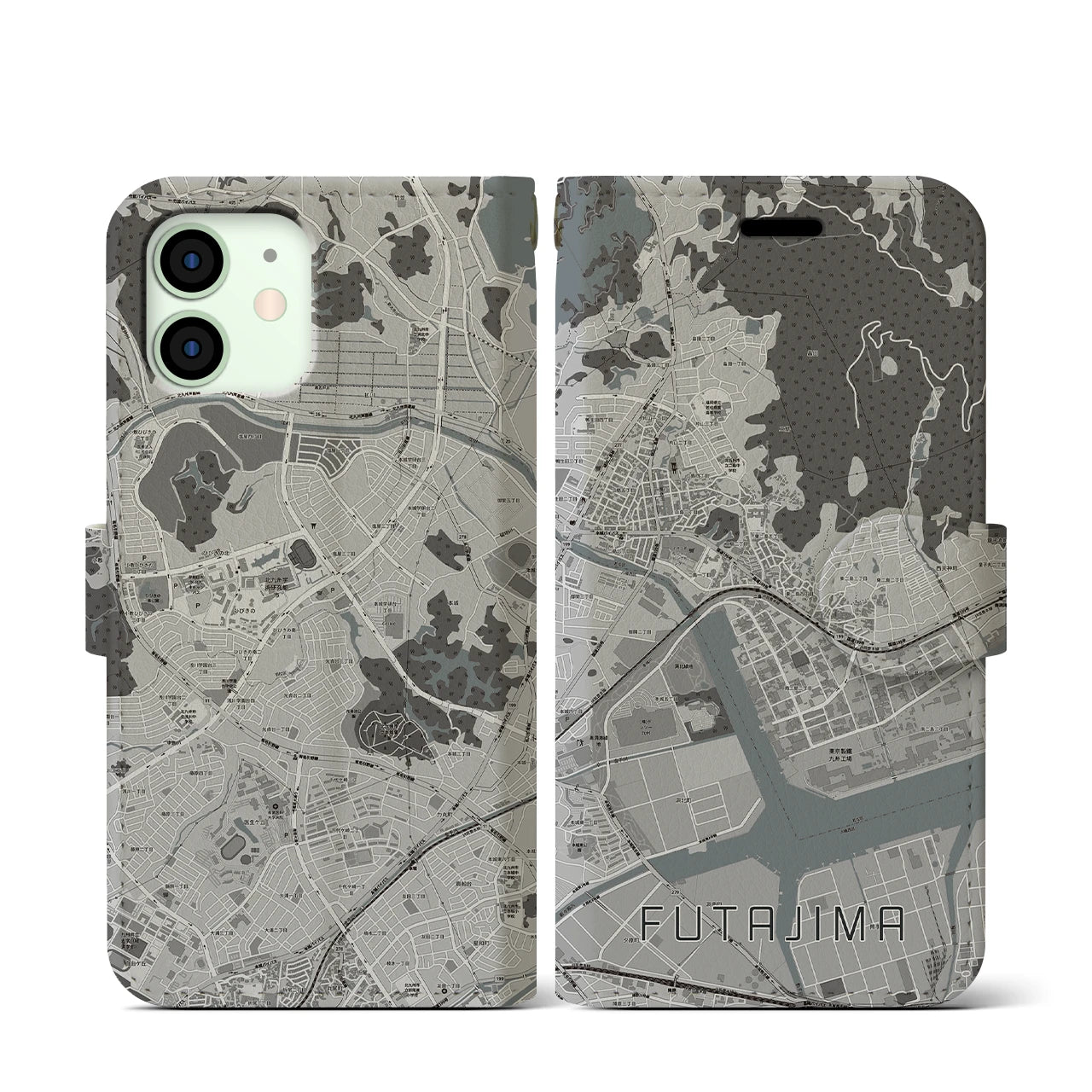 【二島(福岡県)】地図柄iPhoneケース(手帳タイプ)モノトーン・iPhone 12 mini 用