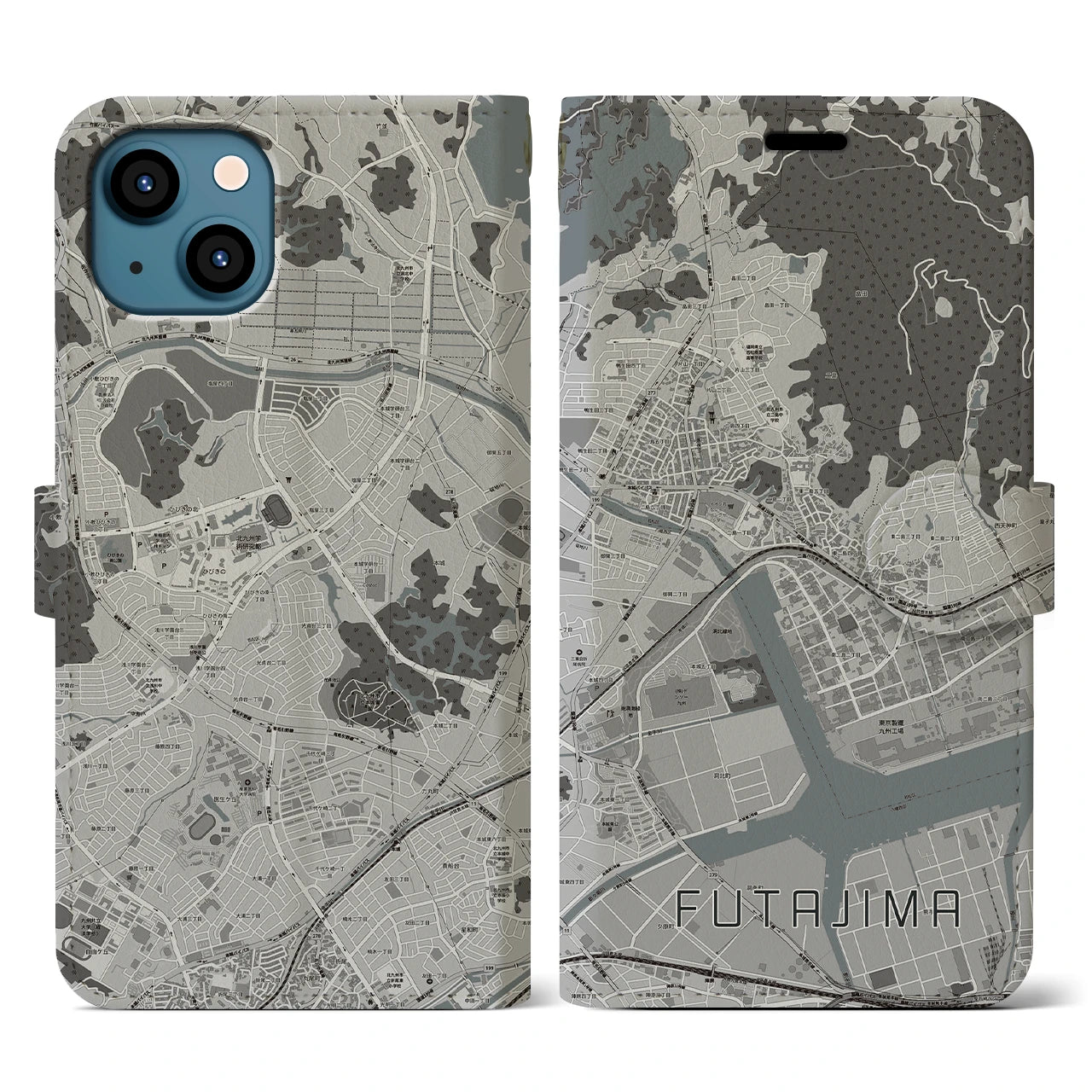 【二島(福岡県)】地図柄iPhoneケース(手帳タイプ)モノトーン・iPhone 13 用