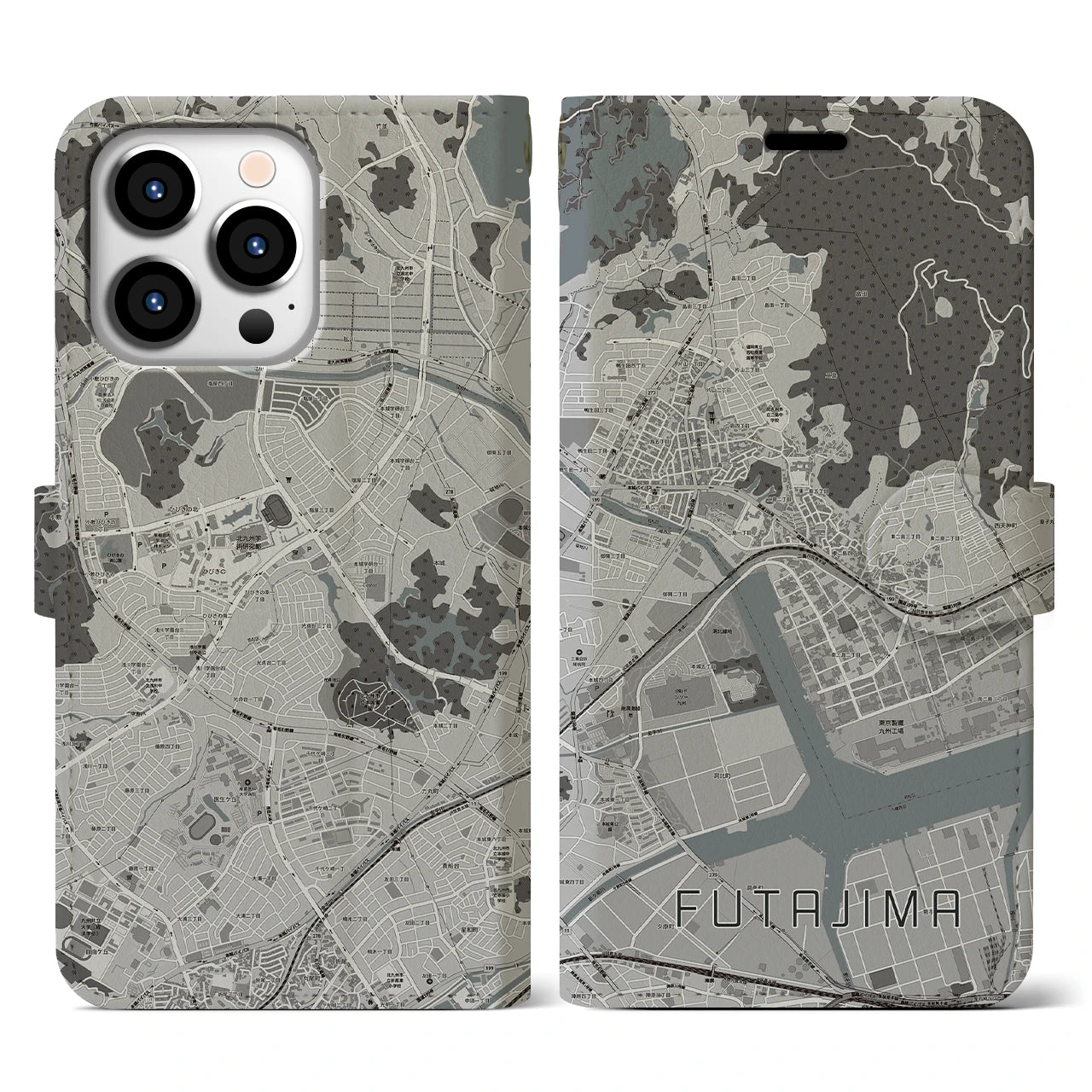 【二島(福岡県)】地図柄iPhoneケース(手帳タイプ)モノトーン・iPhone 13 Pro 用
