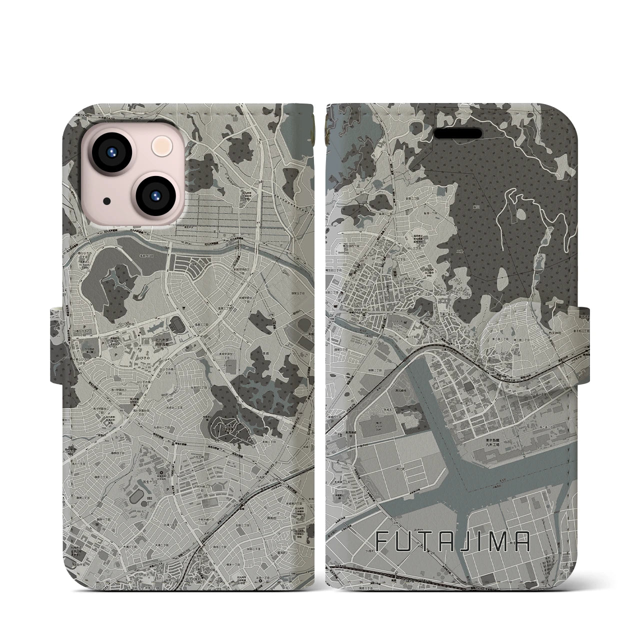 【二島(福岡県)】地図柄iPhoneケース(手帳タイプ)モノトーン・iPhone 13 mini 用