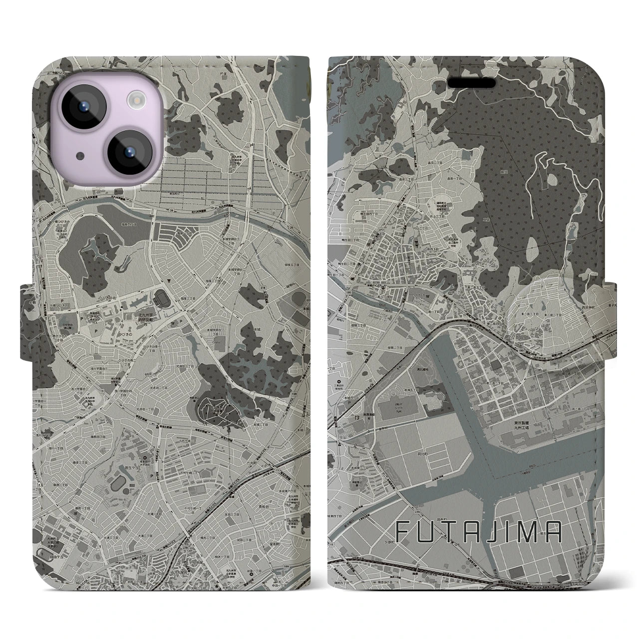 【二島(福岡県)】地図柄iPhoneケース(手帳タイプ)モノトーン・iPhone 14 用