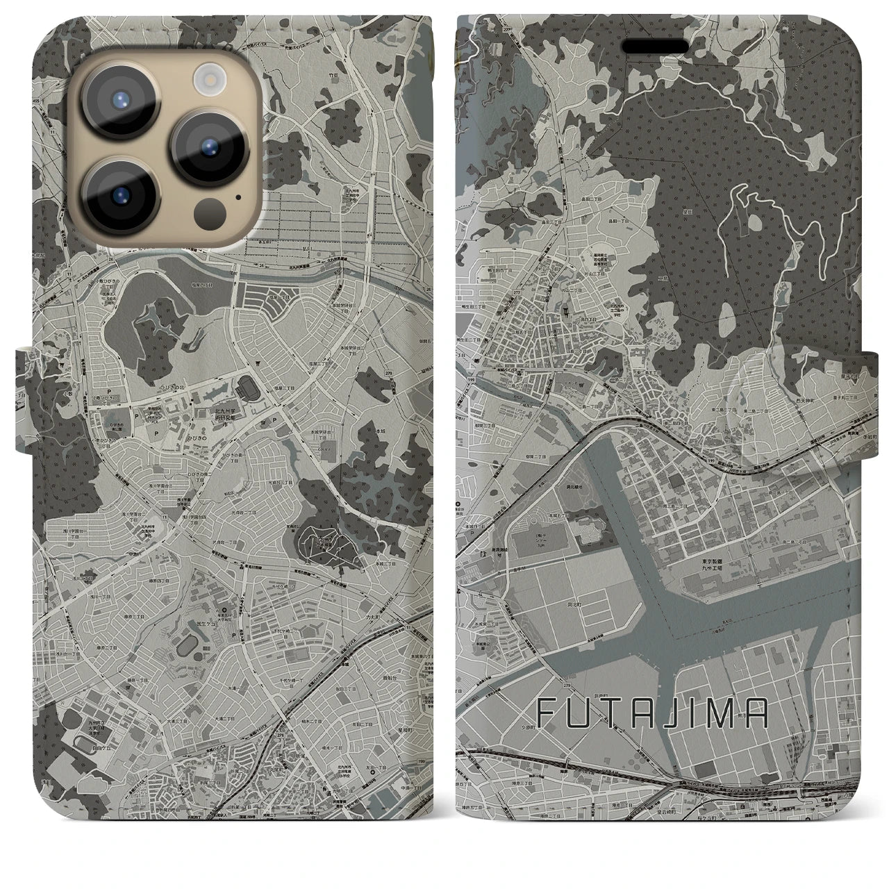 【二島(福岡県)】地図柄iPhoneケース(手帳タイプ)モノトーン・iPhone 14 Pro Max 用