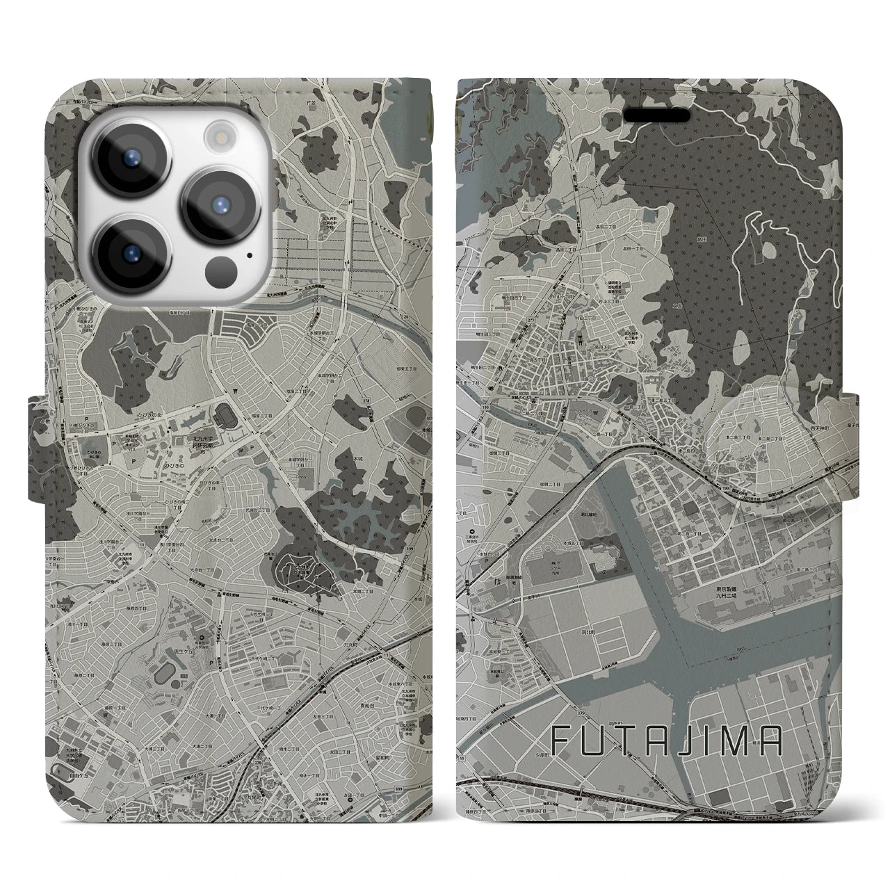 【二島(福岡県)】地図柄iPhoneケース(手帳タイプ)モノトーン・iPhone 14 Pro 用