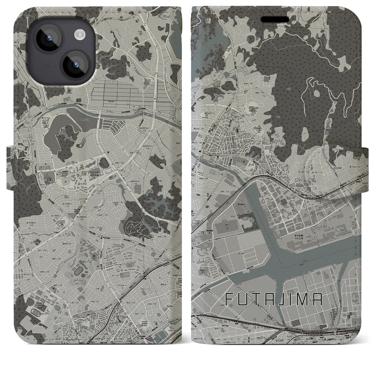 【二島(福岡県)】地図柄iPhoneケース(手帳タイプ)モノトーン・iPhone 14 Plus 用