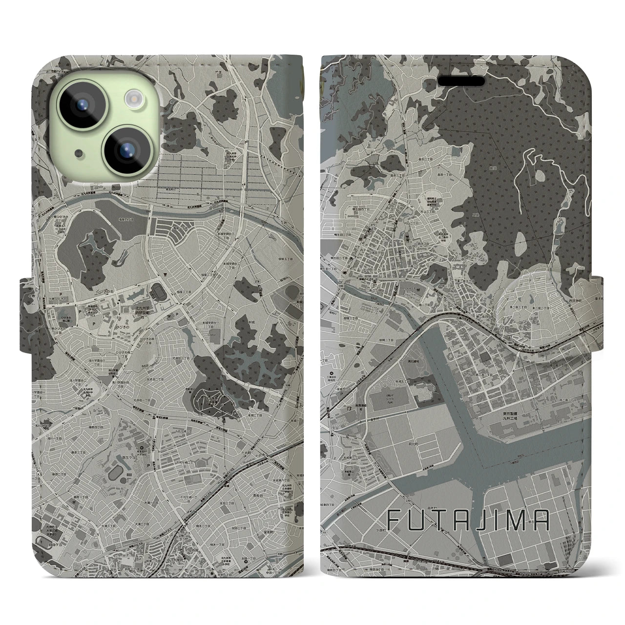 【二島(福岡県)】地図柄iPhoneケース(手帳タイプ)モノトーン・iPhone 15 用