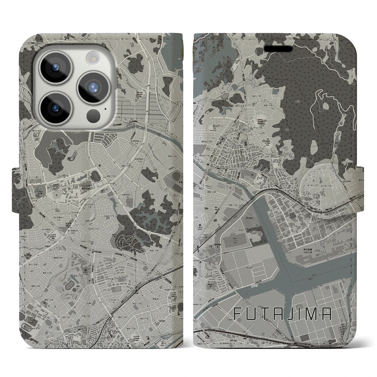 【二島(福岡県)】地図柄iPhoneケース(手帳タイプ)モノトーン・iPhone 15 Pro 用