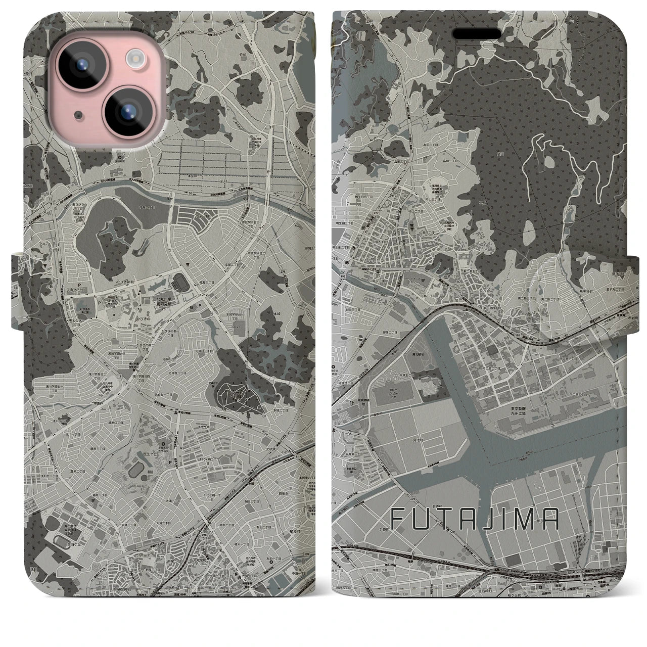 【二島(福岡県)】地図柄iPhoneケース(手帳タイプ)モノトーン・iPhone 15 Plus 用