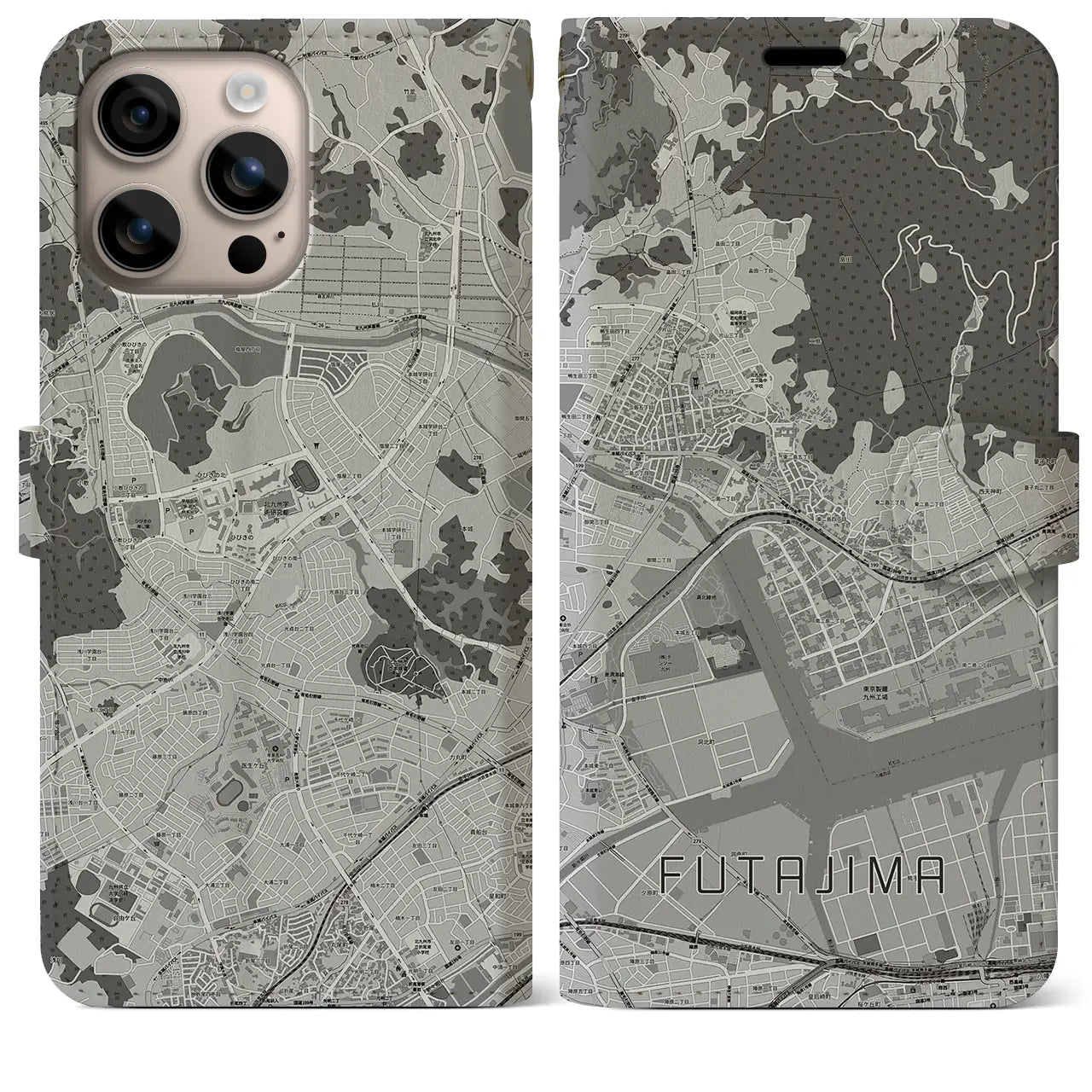 【二島(福岡県)】地図柄iPhoneケース(手帳タイプ)モノトーン・iPhone 16 Plus 用