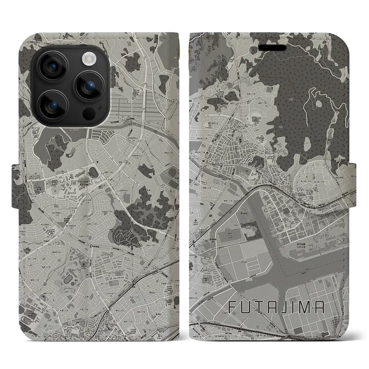 【二島(福岡県)】地図柄iPhoneケース(手帳タイプ)モノトーン・iPhone 16 用