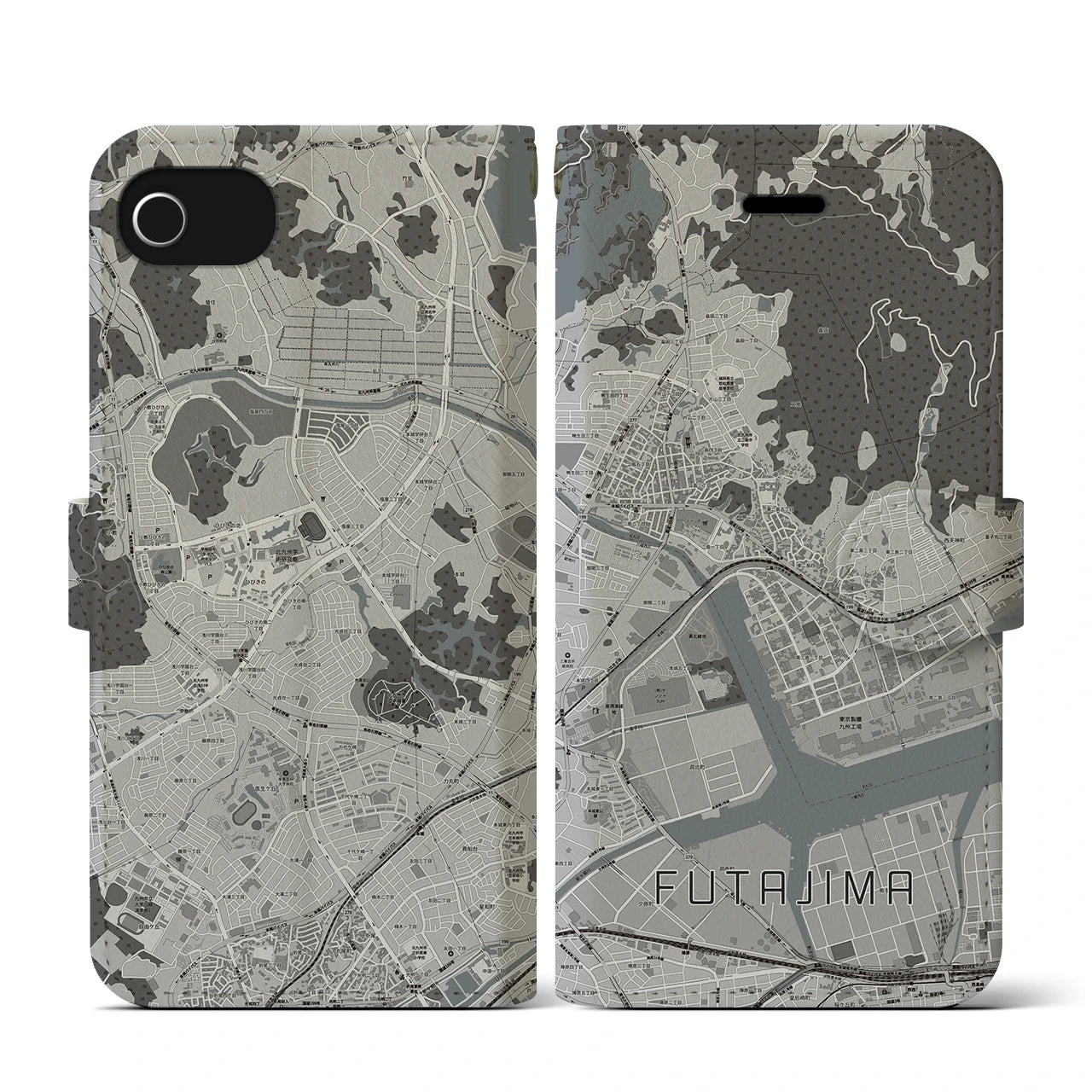 【二島(福岡県)】地図柄iPhoneケース(手帳タイプ)モノトーン・iPhone SE(第3 / 第2世代) / 8 / 7 / 6s / 6 用