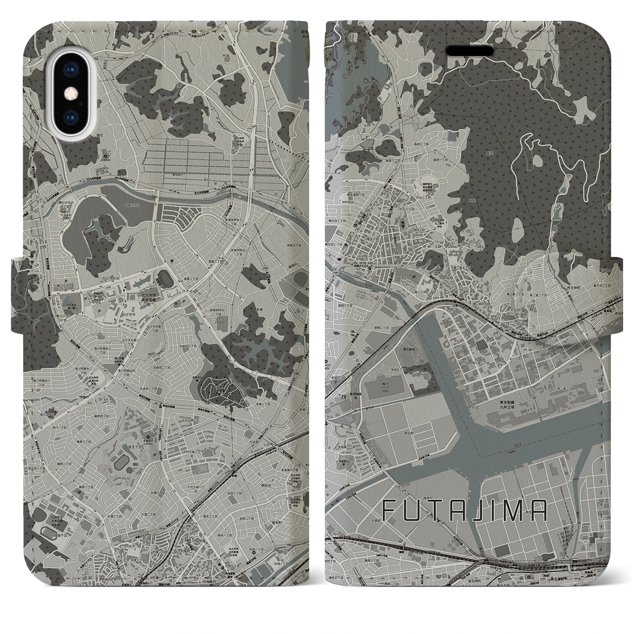 【二島(福岡県)】地図柄iPhoneケース(手帳タイプ)モノトーン・iPhone XS Max 用